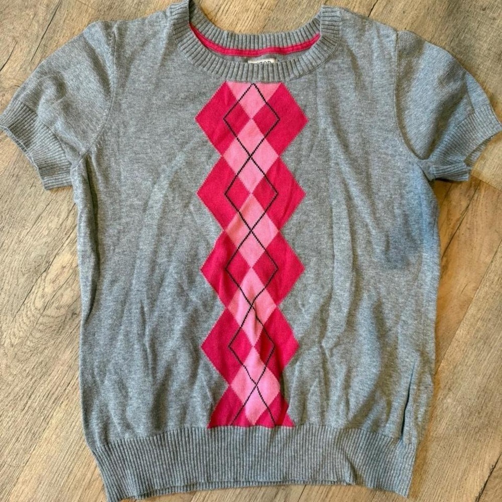 IZOD Womens Gray Pink Argyle Knit Short Sleeve Sweater M - Picture 3 of 5